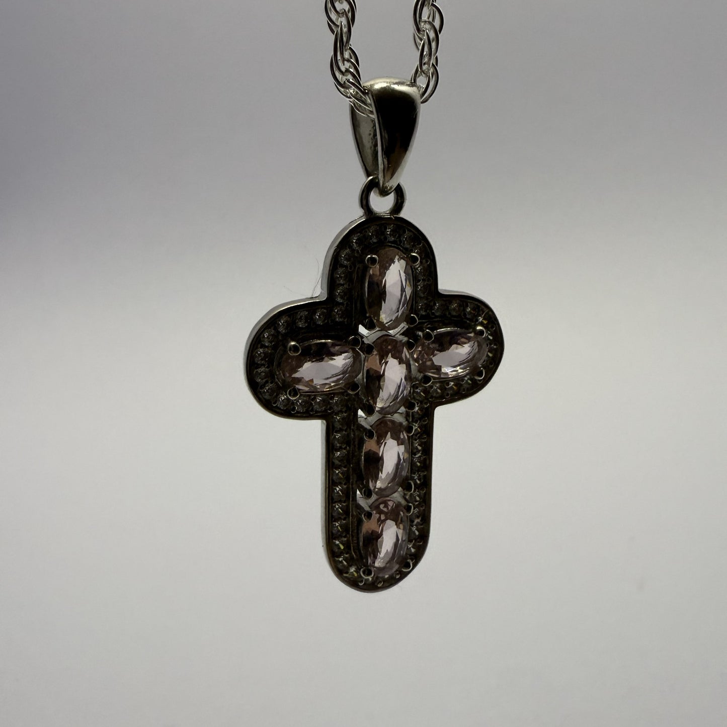 Blush Pink Cubic Zirconia Cross Sterling Silver 925 Pendant