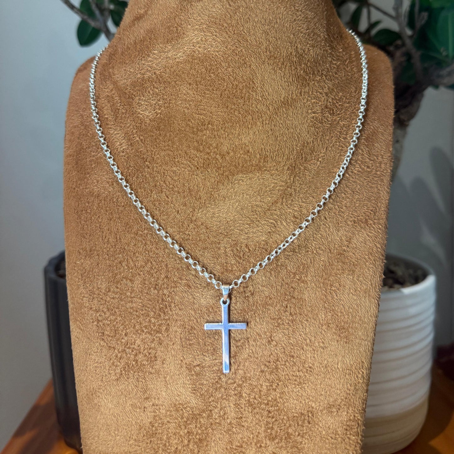 Flat Curb Link Chain (2mm x 60cm) and Plain Silver Cross Sterling Silver 925