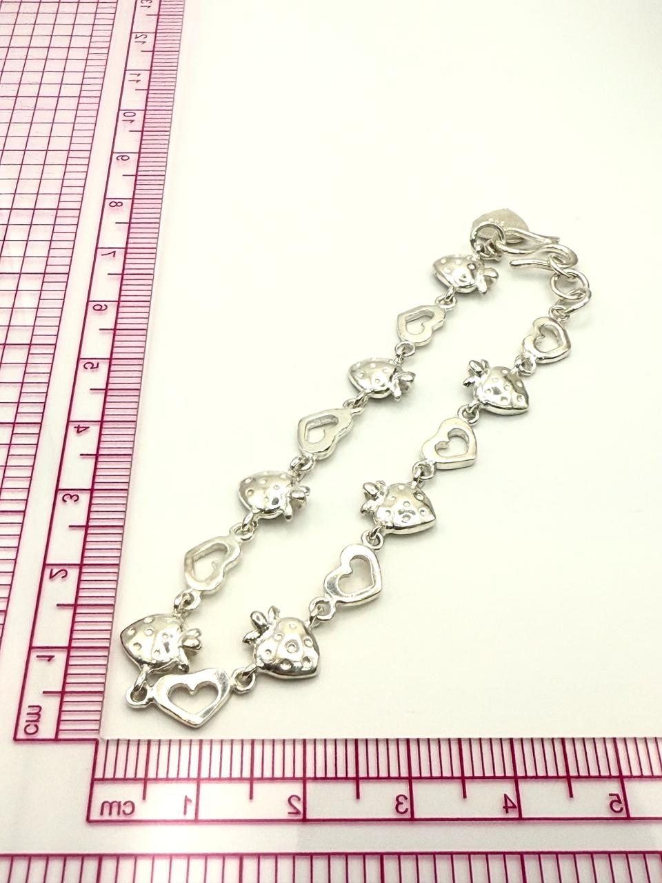 925 Sterling Silver Heart and Strawberry 17cm Bracelet