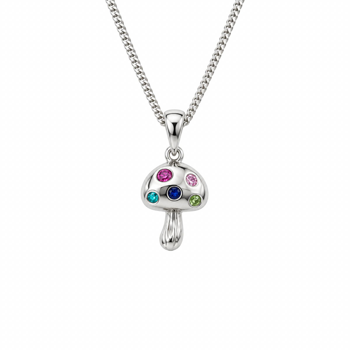 Multi-C/Z Gemstone Mushroom Pendant Necklace Sterling Silver 925