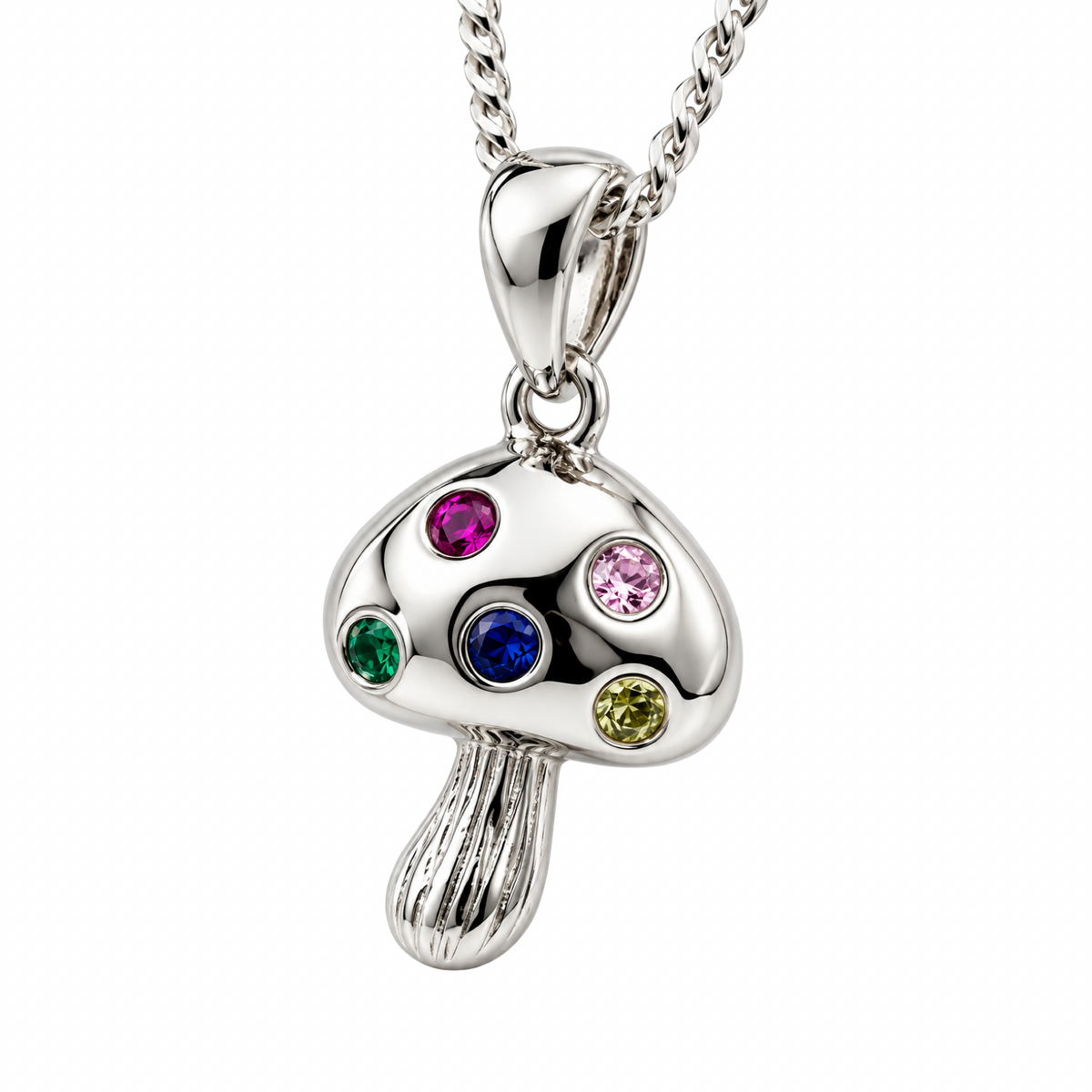 Multi-C/Z Gemstone Mushroom Pendant Necklace Sterling Silver 925