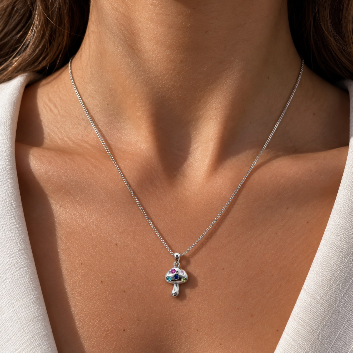 Multi-C/Z Gemstone Mushroom Pendant Necklace Sterling Silver 925