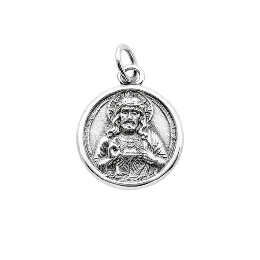 Round Sacred Heart Jesus Pendant Sterling Silver 925