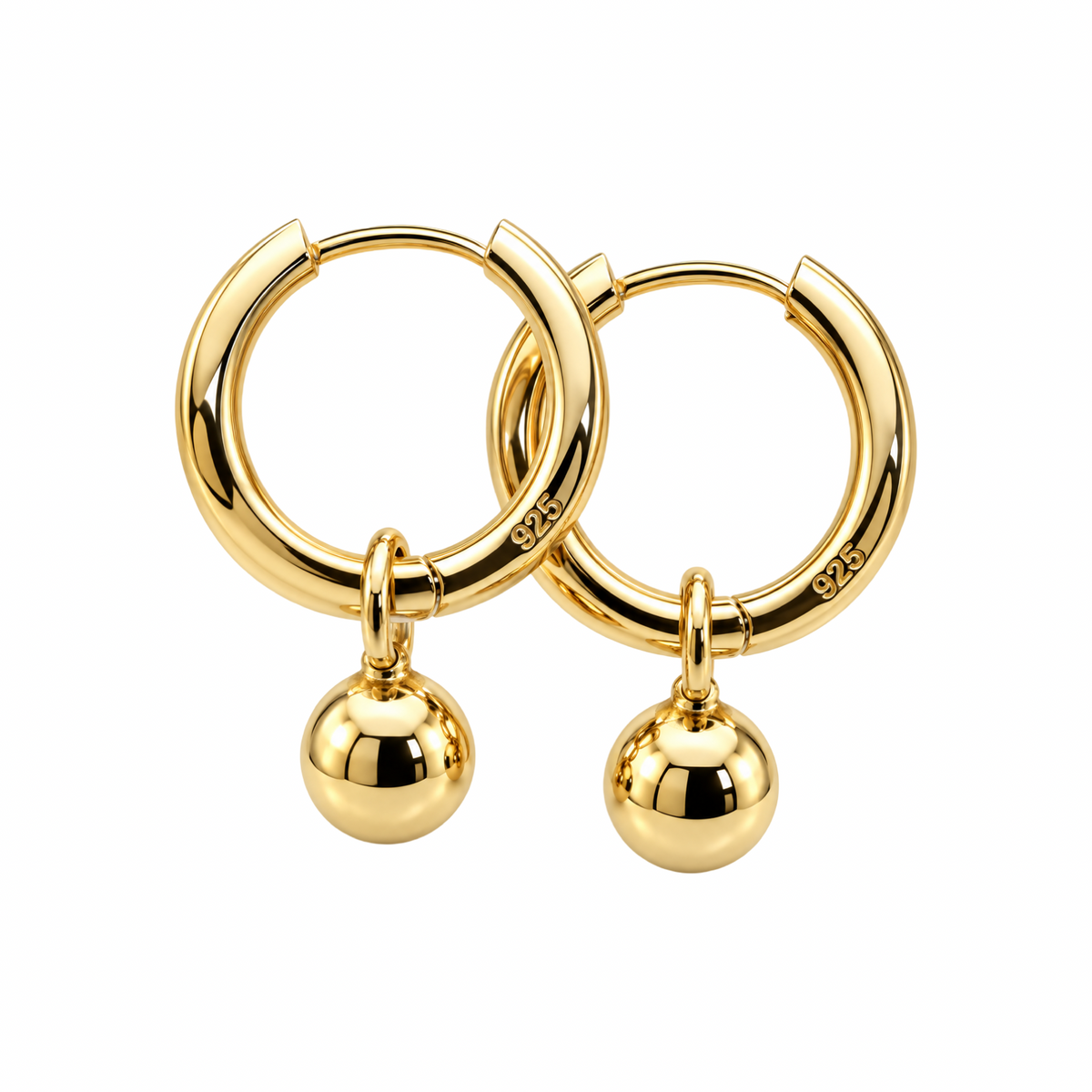 Gold Plated Sterling Silver Ball Charm Huggie Hoop Earrings