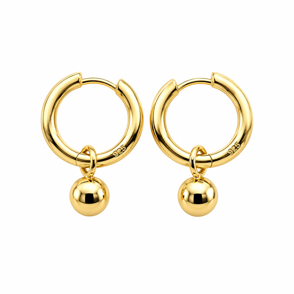 Gold Plated Sterling Silver Ball Charm Huggie Hoop Earrings