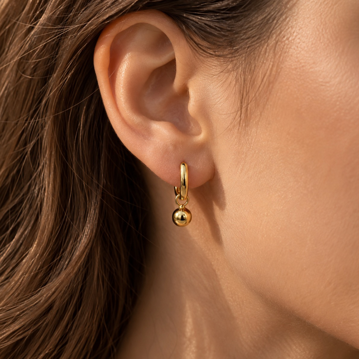 Gold Plated Sterling Silver Ball Charm Huggie Hoop Earrings