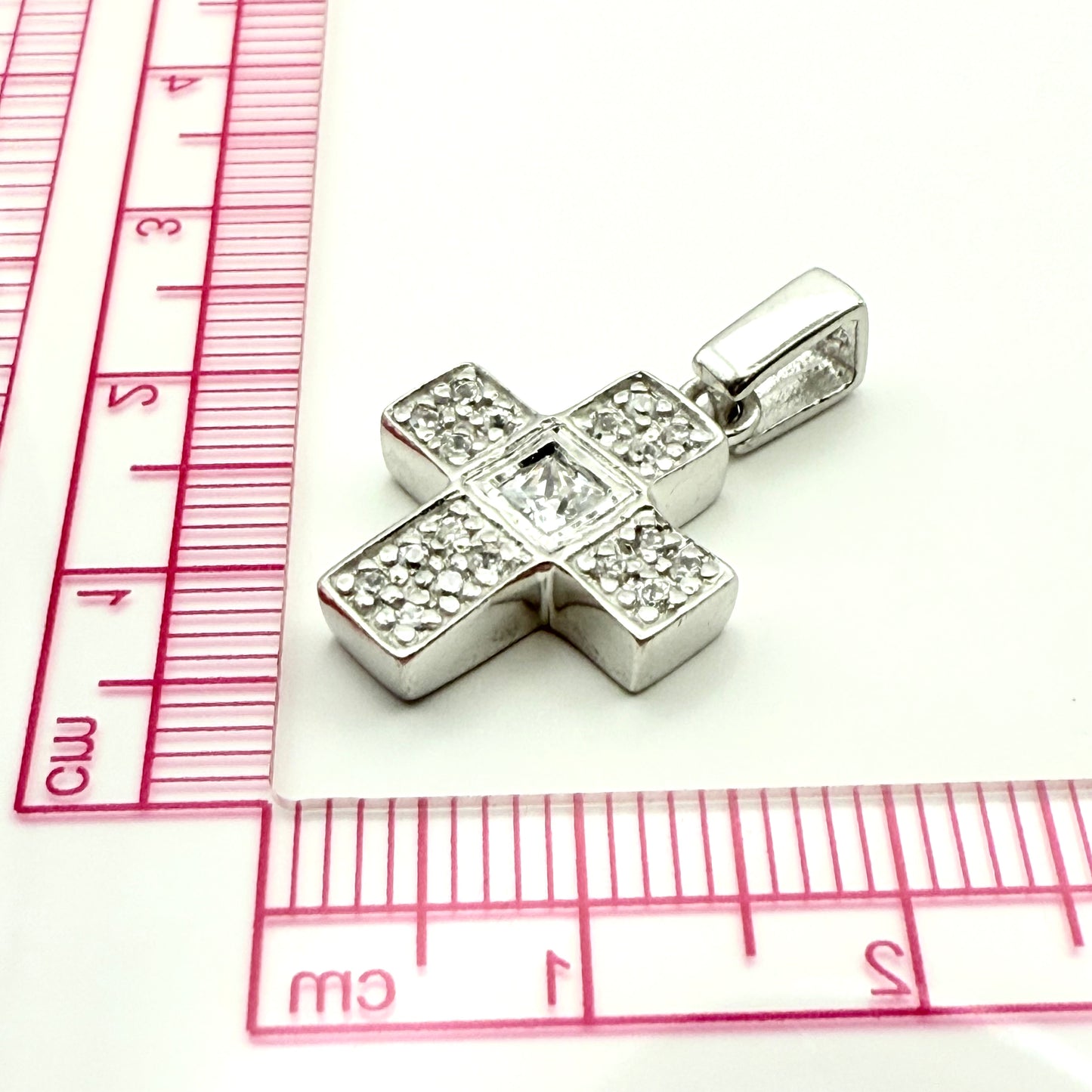 925 Sterling Silver Princess-Square C/Z Cross Pendant