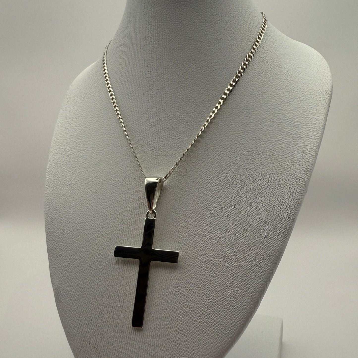 Flat Curb Link Chain (2mm x 60cm) and Plain Silver Cross Sterling Silver 925