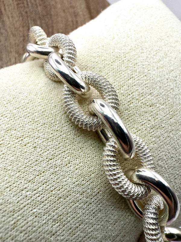 925 Sterling Silver 18.5cm Solid Polished and Textured Link Bracelet
