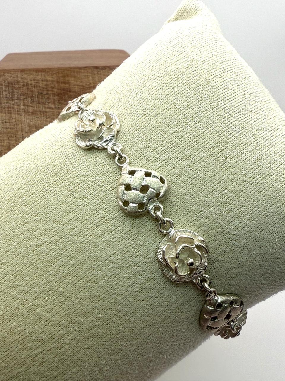 925 Sterling Silver Rose and Heart 17.5cm Bracelet