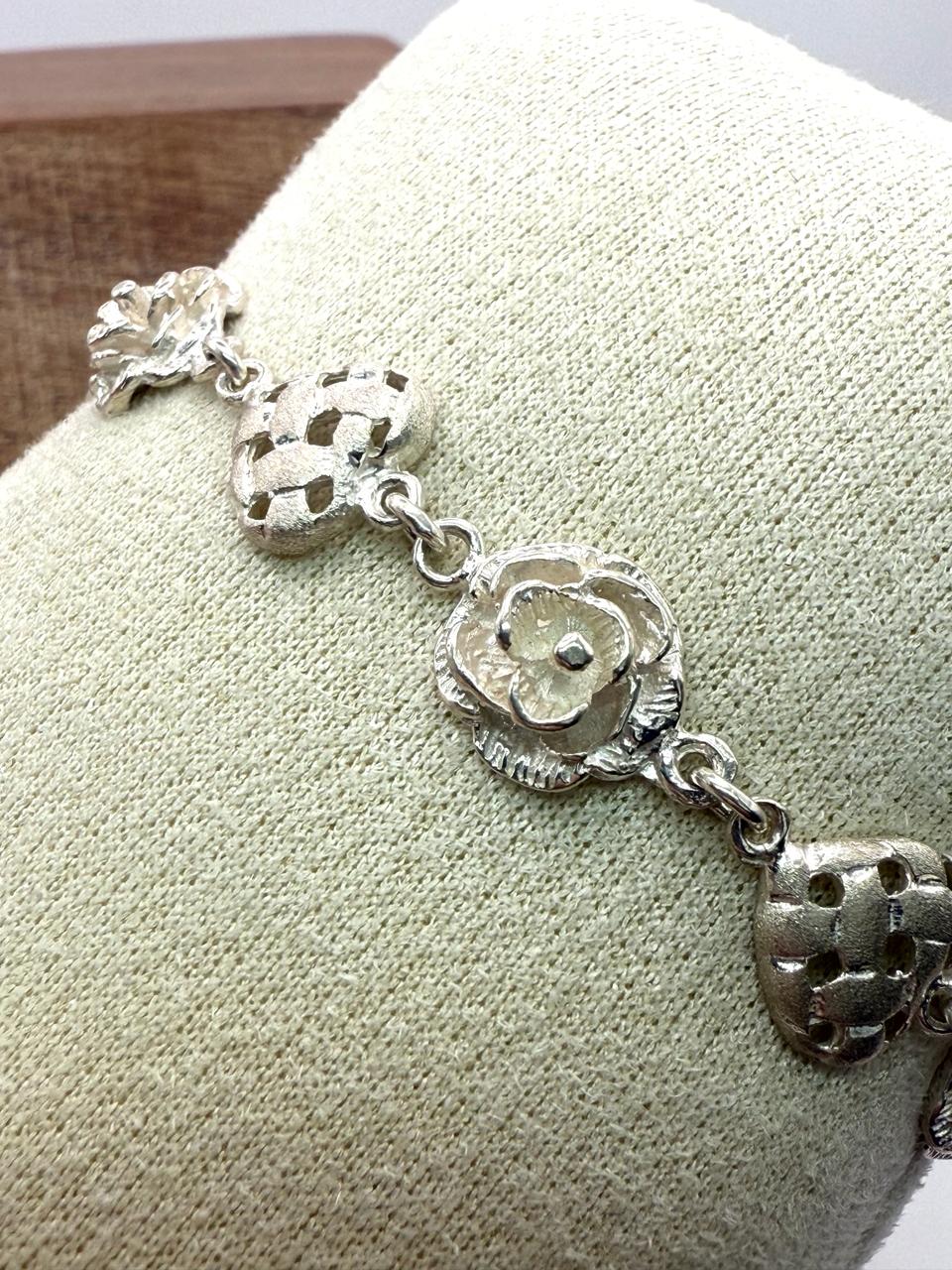 925 Sterling Silver Rose and Heart 17.5cm Bracelet