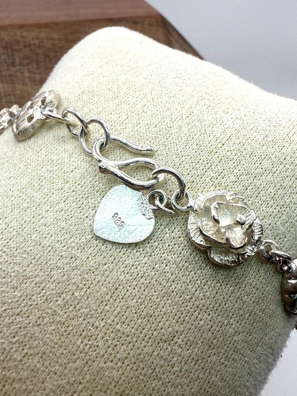 925 Sterling Silver Rose and Heart 17.5cm Bracelet