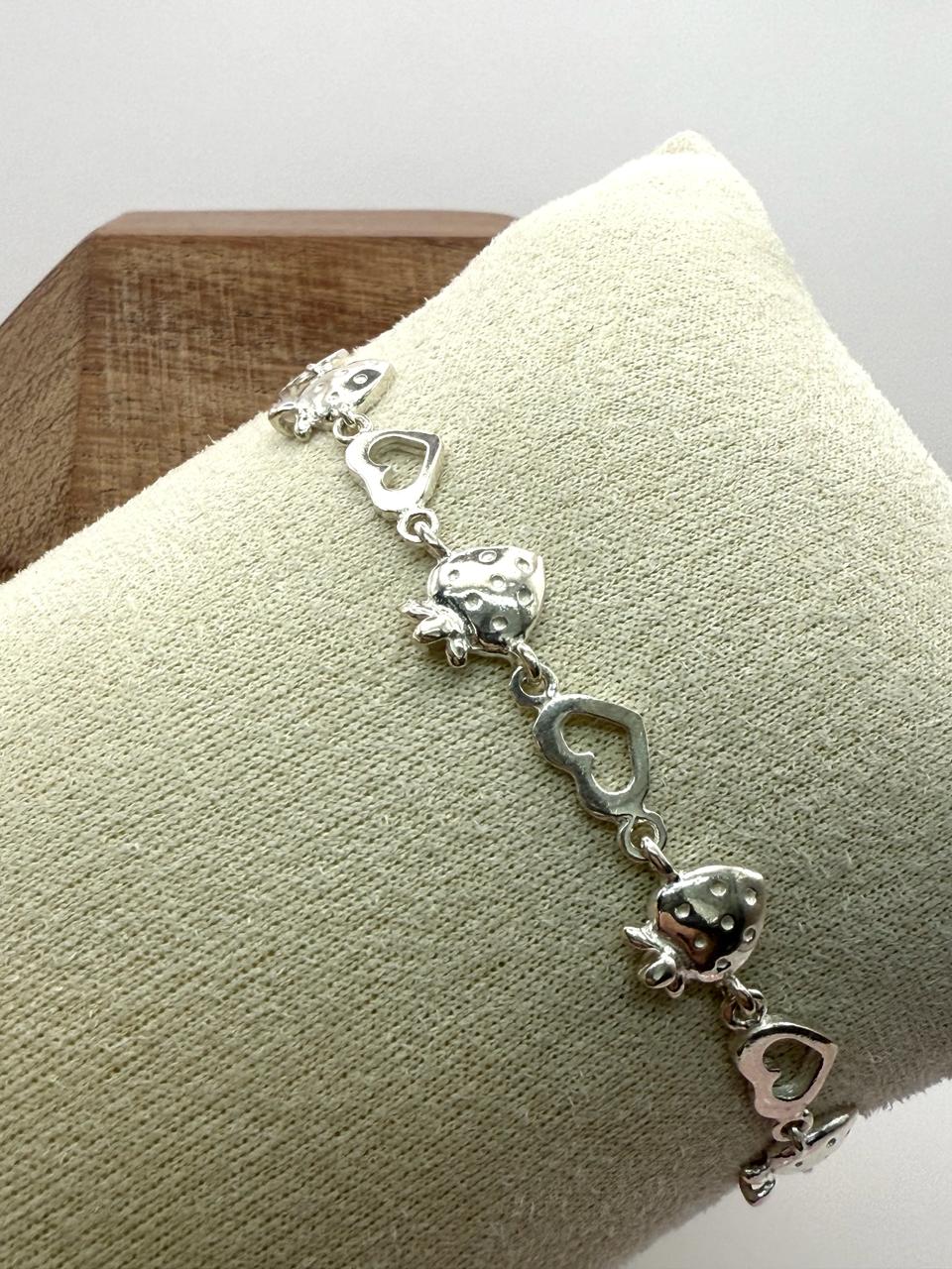 925 Sterling Silver Heart and Strawberry 17cm Bracelet