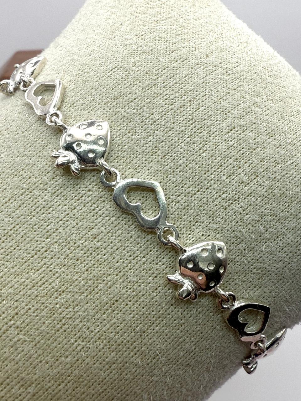 925 Sterling Silver Heart and Strawberry 17cm Bracelet