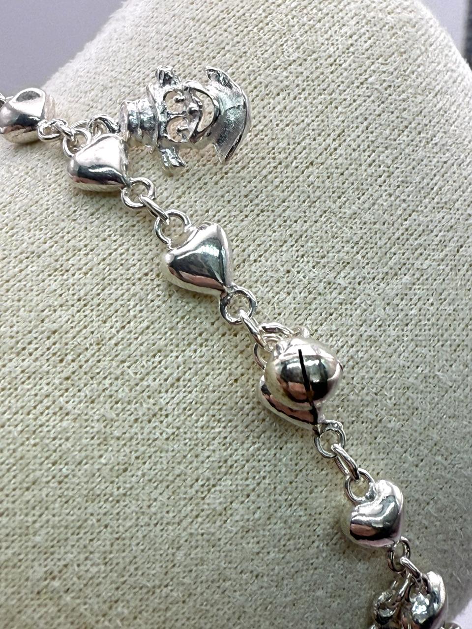 925 Sterling Silver Clown Heart and Bell 19cm Bracelet
