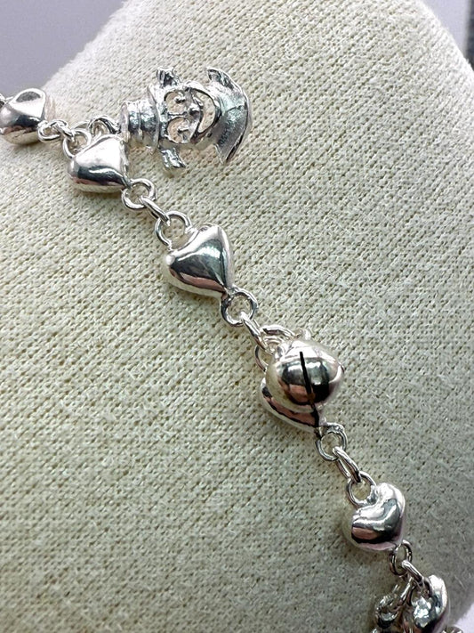 925 Sterling Silver Clown Heart and Bell 19cm Bracelet
