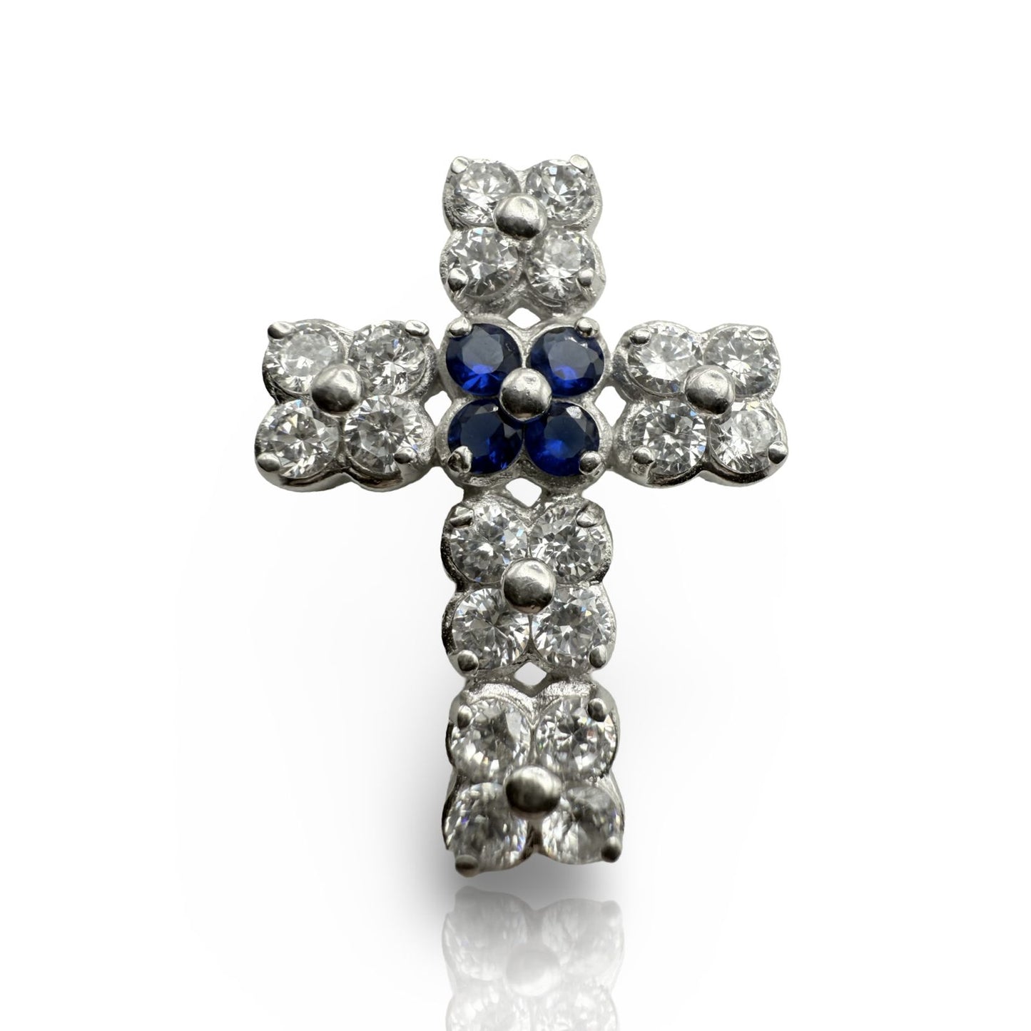 925 Sterling Silver Clear and Sapphire Hued Cross Pendant