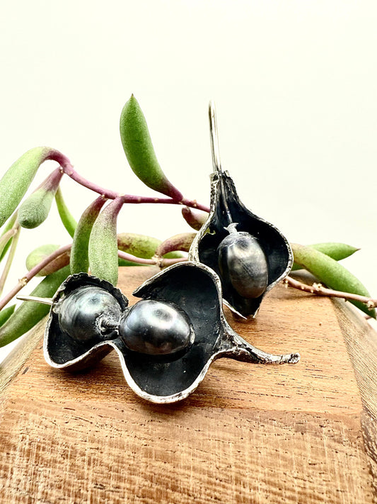 Lucky Bean with Pearl Earrings Sterling Silver 925
