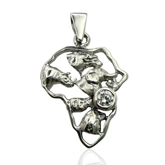 925 Sterling Silver Big Five African Map with Natural Gemstone Pendant