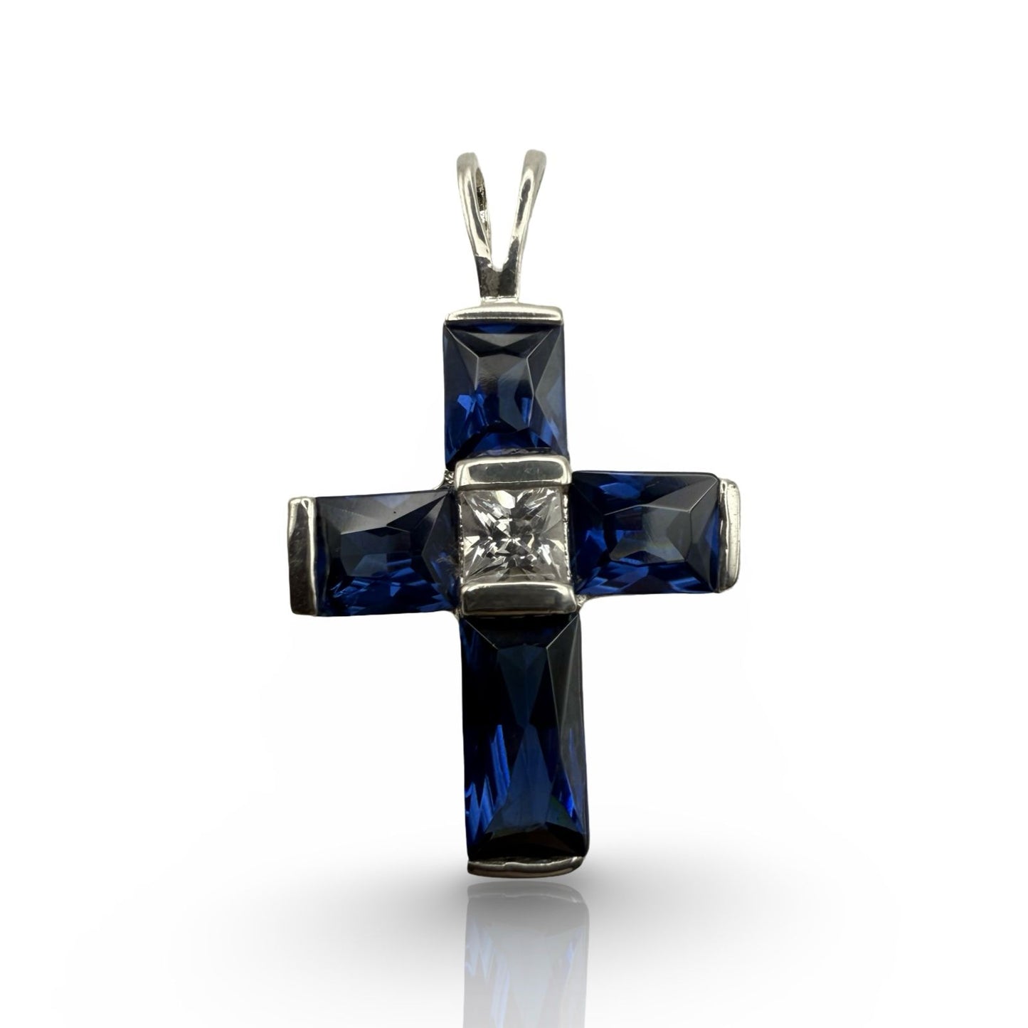 925 Sterling Silver Sapphire Hued Cross Pendant
