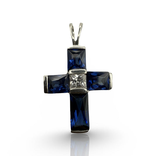 925 Sterling Silver Sapphire Hued Cross Pendant