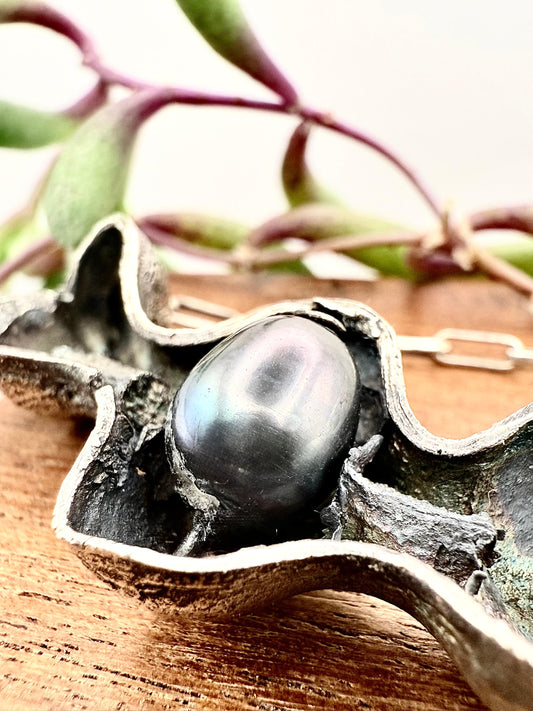 Lucky Bean Pod on Paperclip Chain Necklace with Pearl 50cm Sterling Silver 925