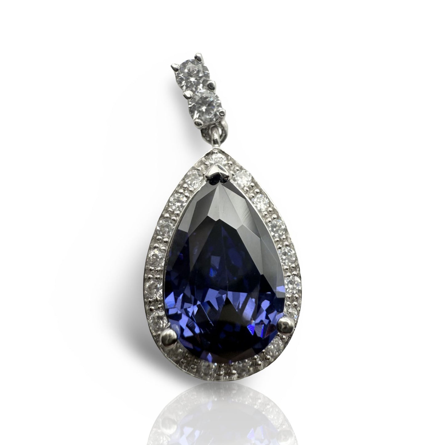 925 Sterling Silver Sapphire Hued C/Z Teardrop Pendant