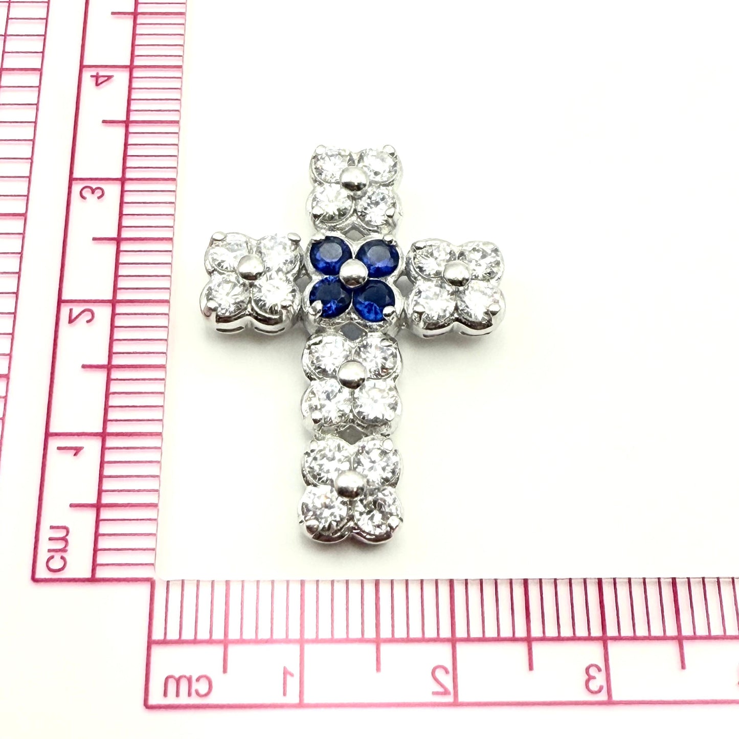 925 Sterling Silver Clear and Sapphire Hued Cross Pendant