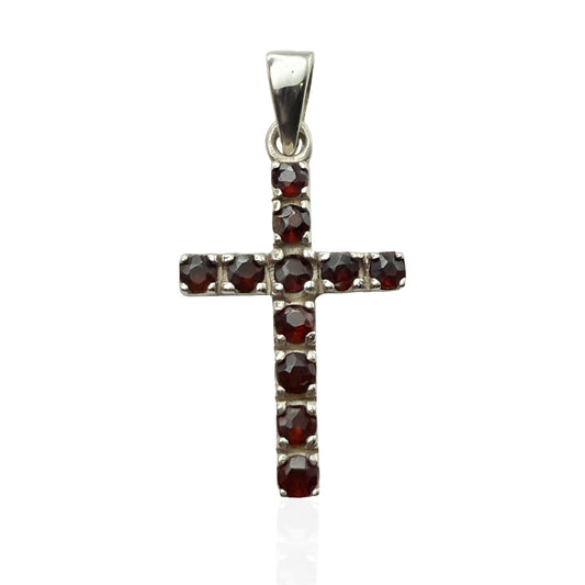 925 Sterling Silver Garnet Paved Cross Pendant