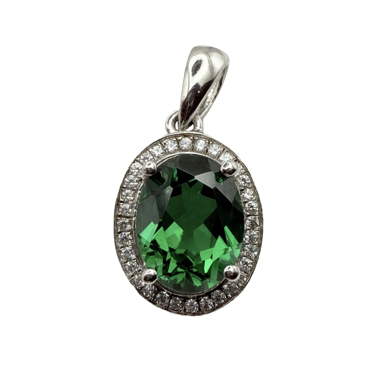 925 Sterling Silver Emerald-Style Oval C/Z Pendant