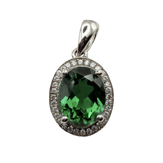 925 Sterling Silver Emerald-Style Oval C/Z Pendant