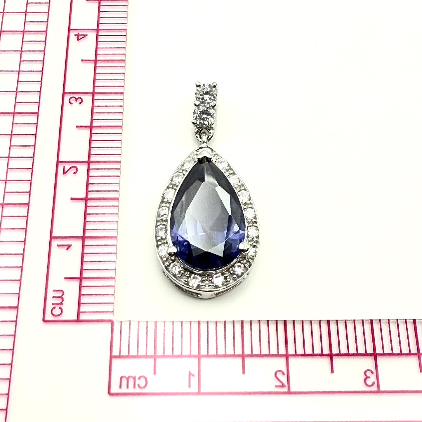 925 Sterling Silver Sapphire Hued C/Z Teardrop Pendant