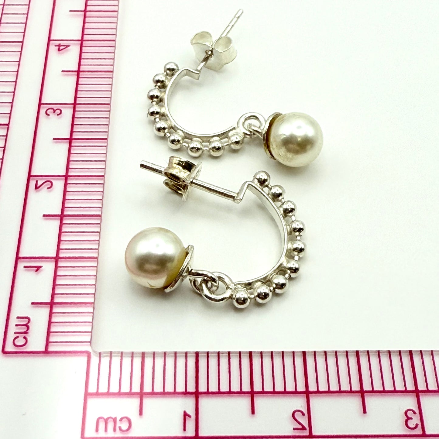 925 Sterling Silver Beaded J-Hoop Natural Pearl Drop Earrings