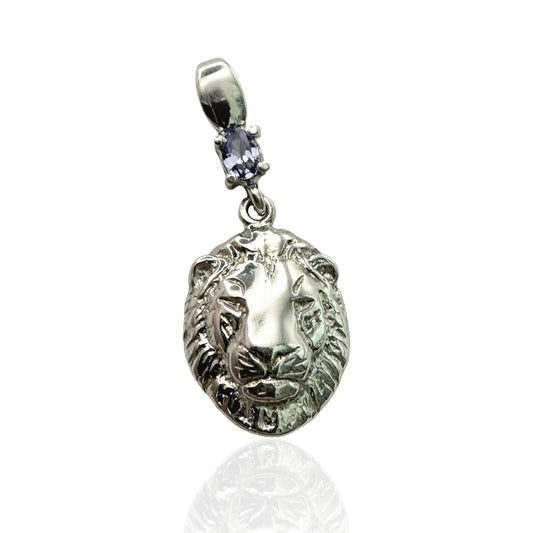 925 Sterling Silver Lion Face with Natural Gemstone Pendant