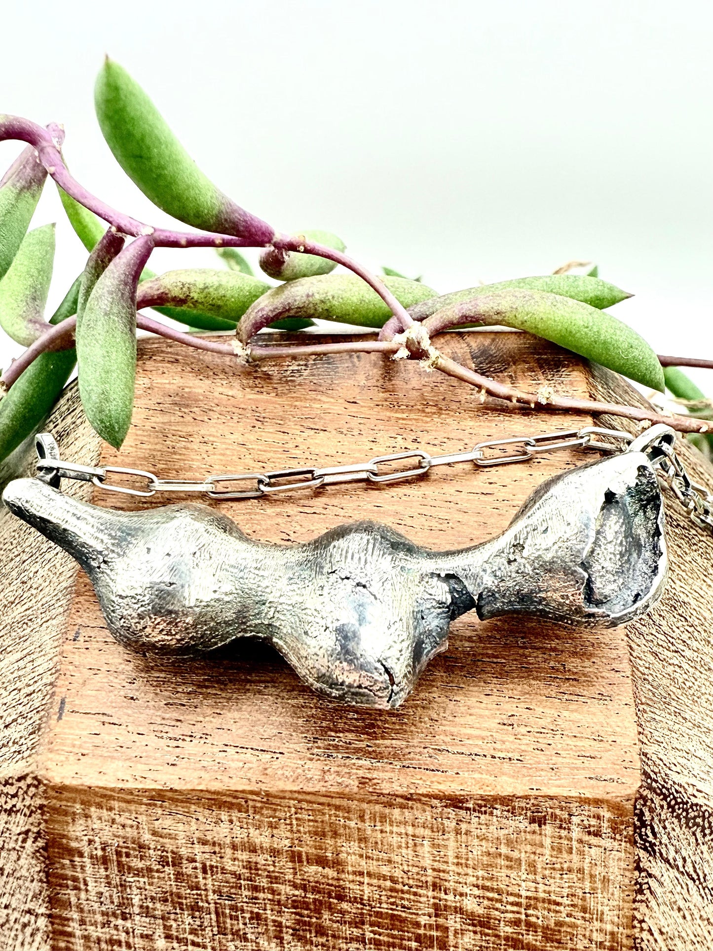 Lucky Bean Pod on Paperclip Chain Necklace with Pearl 50cm Sterling Silver 925