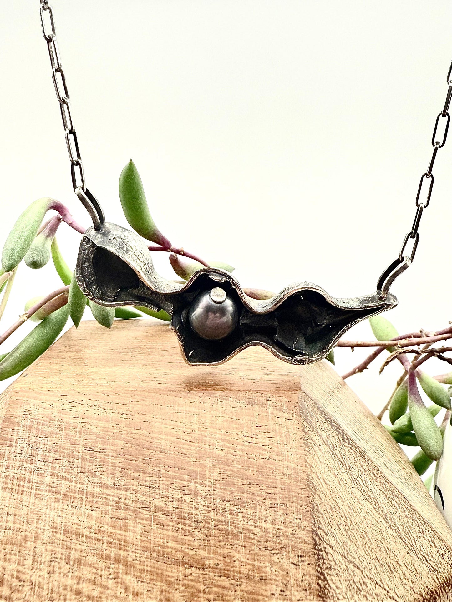 Lucky Bean Pod on Paperclip Chain Necklace with Pearl 50cm Sterling Silver 925