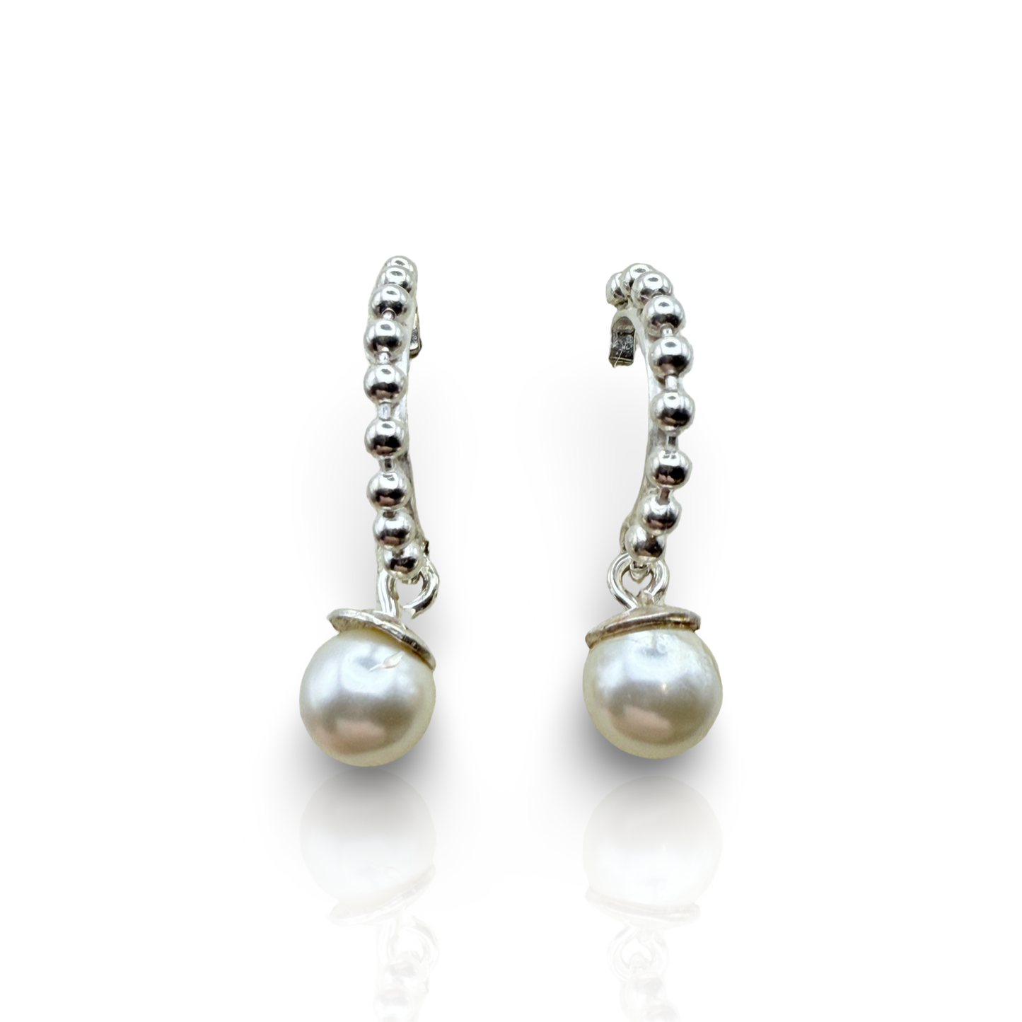 925 Sterling Silver Beaded J-Hoop Natural Pearl Drop Earrings